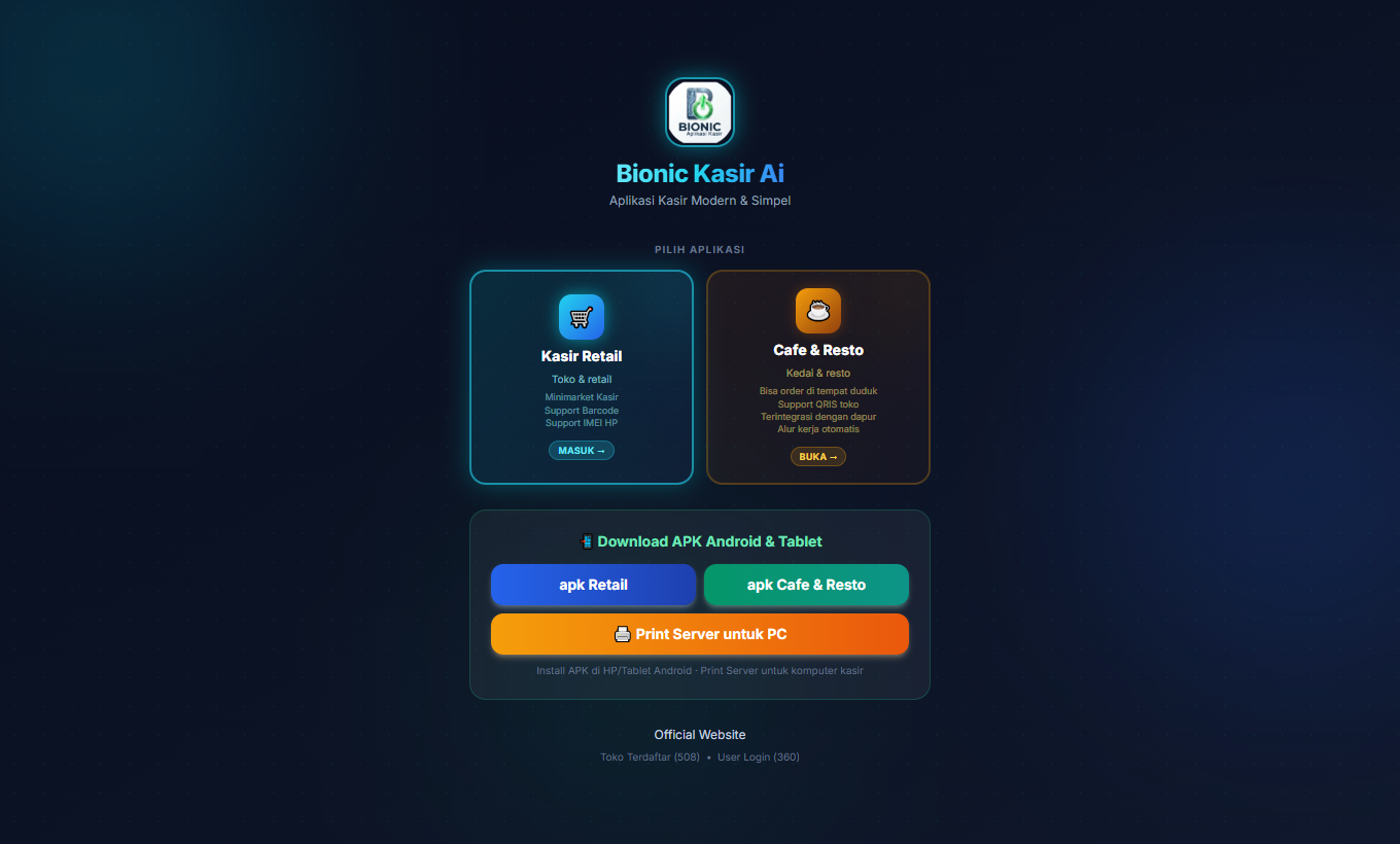 Pilih aplikasi & login BionicKasir (retail)
